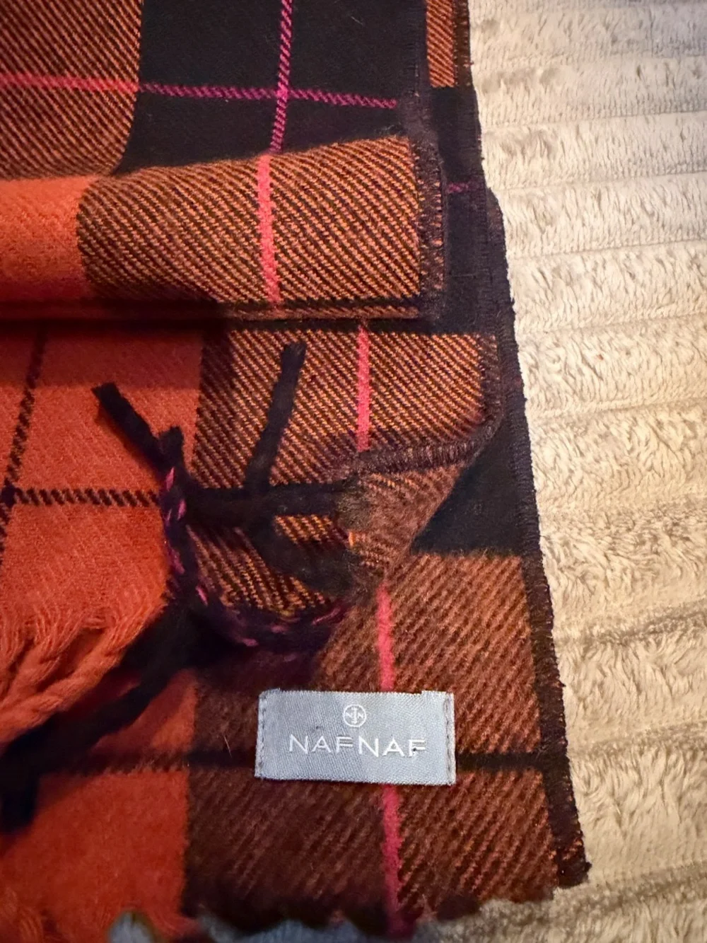 NAF NAF Oversized Plaid Scarf Wrap Orange Black Pink Fringe Unisex